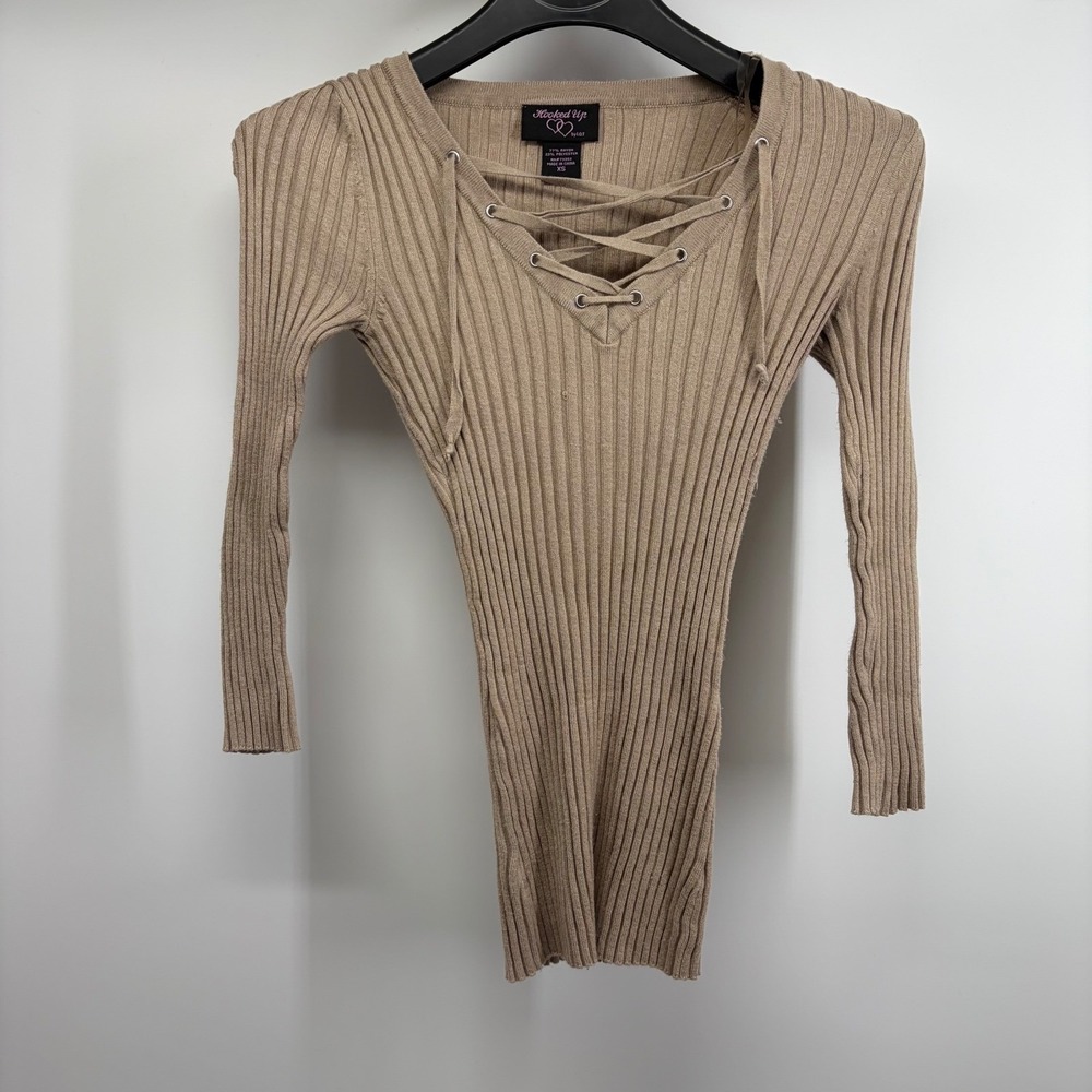 Subversive Basic Beige Knit Lace Up Long Sleeve Top Fairycore Grunge Aesthetic